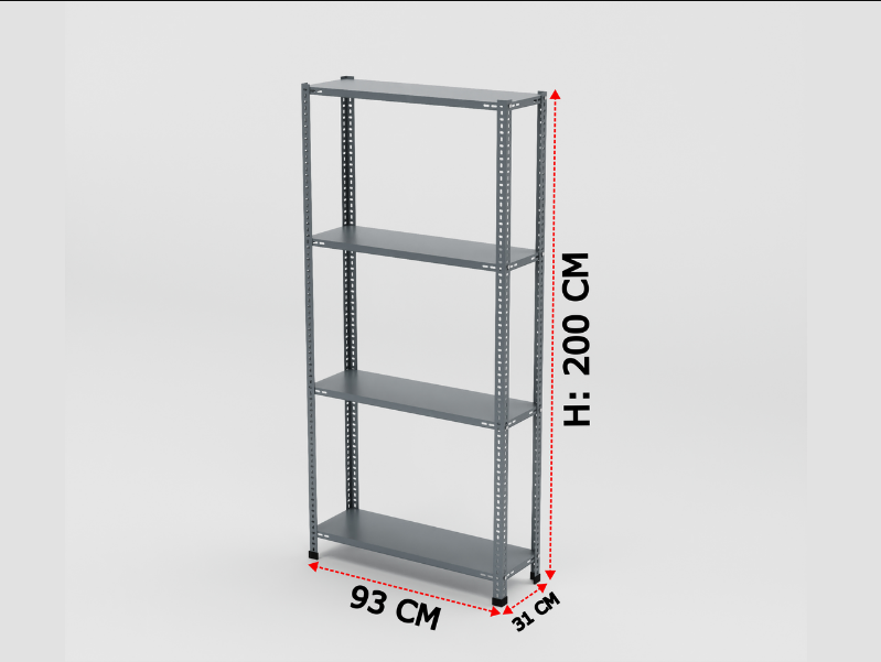 4 Katlı Çelik Raf 200x93x31 cm – 50 Kg Taşıma Kapasiteli